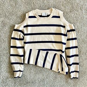 Tanya Taylor White Blue Stripe Cutout Top Size Medium Long Sleeve Asymmetric